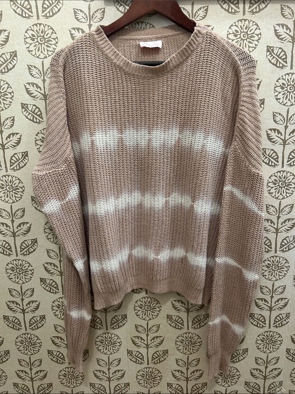 Pink Lily Taupe & White Tie-Dye Stripe Crew Sweater